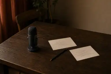 En enkel mørk bordmikrofon står ved to cremefarvede kort med forskellige ulæselige grafitstreger og en grøn blyant på et træbord.