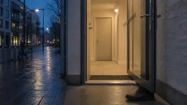 En voksen hånd hviler på ydersiden af et venuehåndtag, mens den oplyste entré og vejen hjem stadig er synlige.