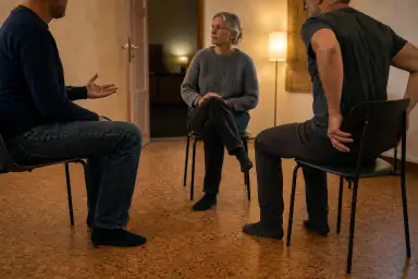 Tre midaldrende voksne sidder i en løs kreds; én taler med åben hånd, mens en anden selv justerer sin stol nær en åben dør.