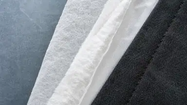 Et tæt udsnit af lagdelt hvidt teknisk tekstil mod mørkegrå voksenbeklædning viser sansning og materiale uden rollefigur.