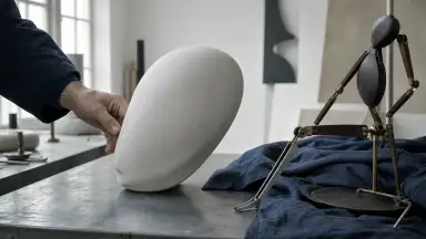 En voksen hånd arrangerer en mat porcelænsmaske ved siden af groft hør og en mekanisk træfigur; transformationen ligger i materialernes skift, ikke i en poseret krop.