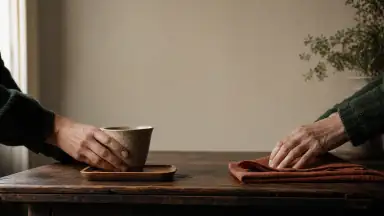 En tydeligt voksen hånd stiller en varm kop på en markeret træbakke, mens en anden voksen hånd justerer en løs serviet; service som valgt fælles ritual.