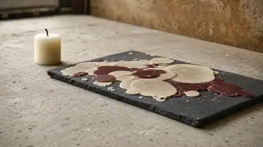 Størknet voks danner et abstrakt mønster på en løs mørk stenplade ved siden af et slukket lys; varme, forventning og midlertidigt billede uden hud.
