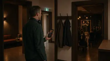 En midaldrende voksen med høreværn om halsen ser på eventprogrammet på sin telefon i en garderobe mellem en rolig pausealkove, en udgang og en rebdemonstration.