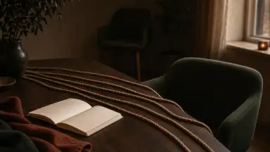 Løse naturreb løber mod en blank notesbog og to tomme stole og gør observation, læring og et forsvarligt første niveau synligt før praksis.