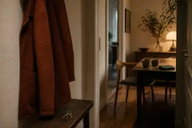 En rustfarvet jakke og et nøglebundt ligger i entréen; længere inde står to kopper og et foldet grønt tekstil på et bord.