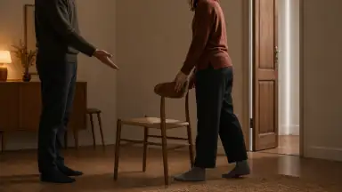 To voksne står ved en træstol; den ene viser en retning med åben hånd, mens den anden selv flytter stolen tæt på en åben dør.