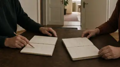 To voksne sidder ved et mørkt træbord med hver sin åbne notesbog med forskellige ulæselige streger; en åben dør ses bag dem.