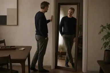 En midaldrende voksen står ved en døråbning og ser sit roligere, let smilende spejlbillede, med hånden på karmen som tegn på en reversibel overgang.